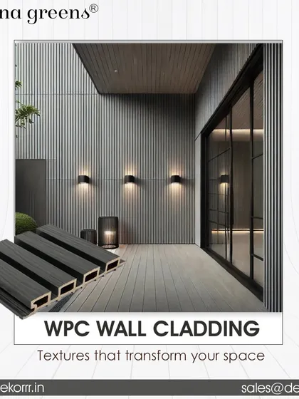 Textures that transform your space. Here, our dark WPC wall cladding is used on an exterior wall under a covered patio, creating a sleek, modern look that is resistant to weather and fading.