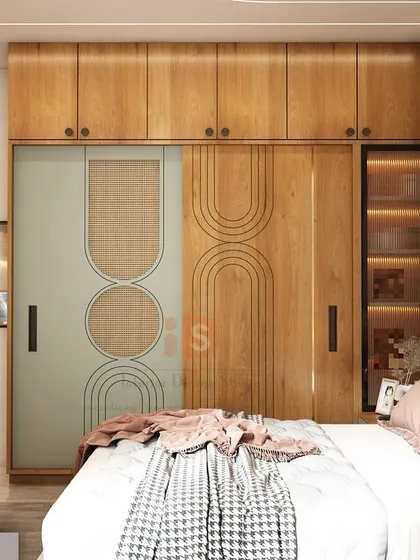 A 3D render for an upcoming project, featuring a bedroom with a beautiful arched headboard and a wardrobe with modern geometric patterns.