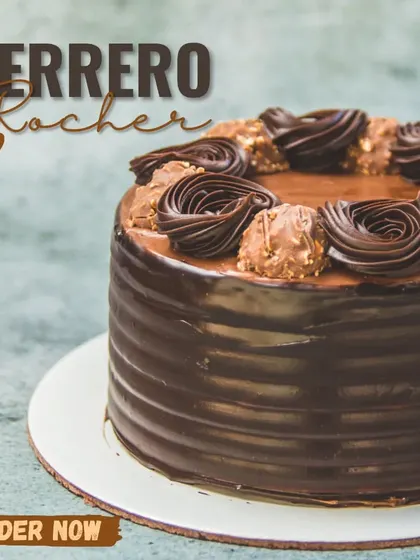 The Ferrero Rocher cake is pure luxury. A moist chocolate cake is layered with hazelnut cream and topped with whole Ferrero Rocher chocolates for a crunchy, nutty finish.