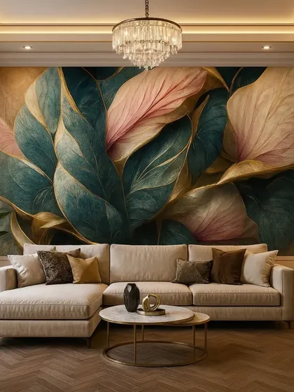 This wallpaper features large, artistic leaves in shades of teal, pink, and gold. The design is perfect for adding a touch of modern luxury and color to any room.