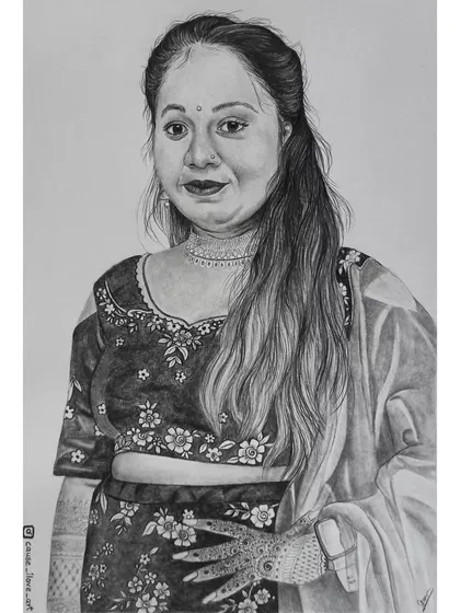 A full-length A3 pencil sketch of a woman in a beautiful lehenga. The drawing captures the floral patterns of her outfit and the henna on her hand.