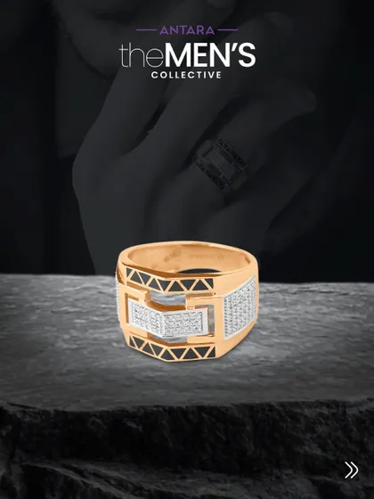 A product shot highlighting the architectural details of this men's diamond ring. The combination of rose gold, black enamel triangles, and rows of natural diamonds creates a powerful, masculine aesthetic.