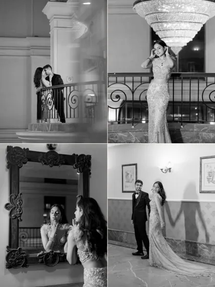 A black and white collage from Anmol and Bhavishya's shoot. These images focus on intimate moments, reflections, and classic poses that build a narrative of romance and elegance.
