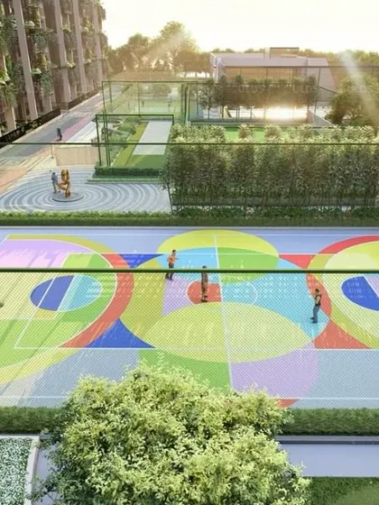 A brightly colored, artistic multi-use court at 'Villa On Sky' that doubles as a basketball and futsal court, adding a playful and modern aesthetic to the sports area.