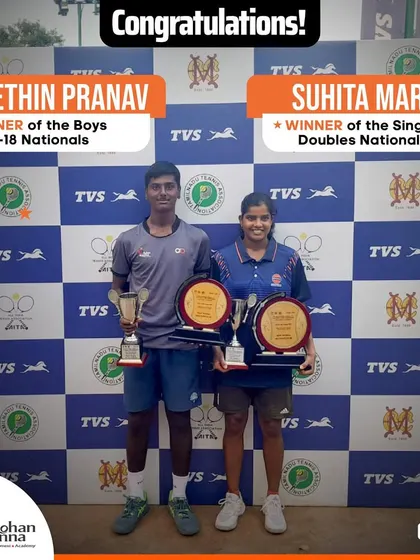 National glory achieved! Heartiest congratulations to our champions R S Rethin Pranav for winning the Boys U-18 Nationals and Suhita Maruri for her impressive triumph in both singles and doubles.