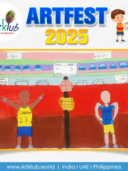 This senior category artwork features a basketball game with a player resembling LeBron James. The artist included details like the scoreboard and stadium seating.