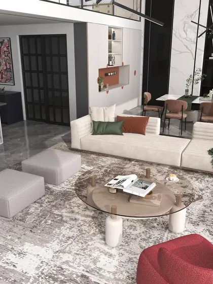 The view from the living area towards the open kitchen, showing how we create functional zones within a large, modern home.