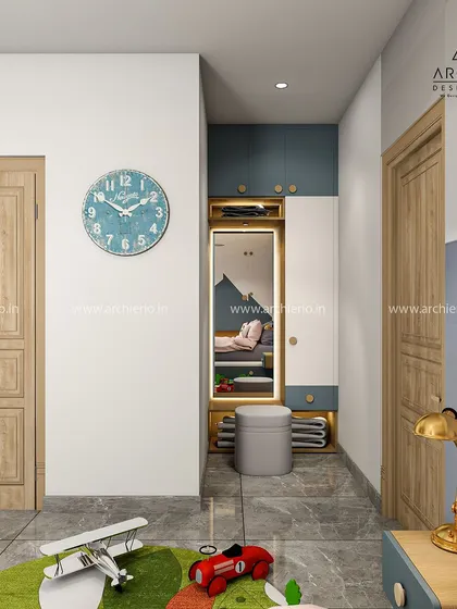 The entrance to the kids' room, featuring a custom wardrobe with an integrated mirror and dressing area.