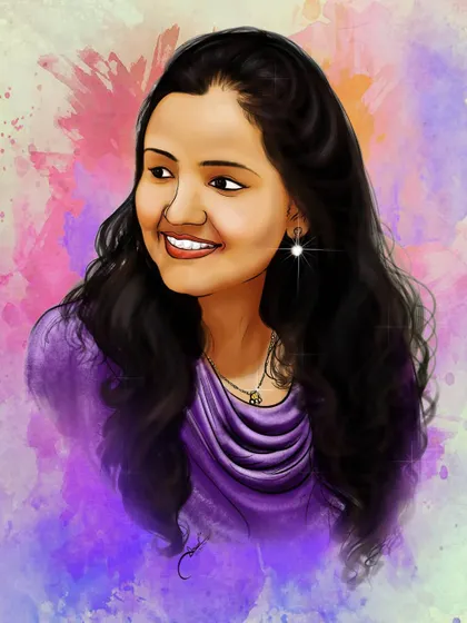 A colored portrait with a soft, watercolor-style background. The bright colors and sparkling earring add a touch of magic to the artwork.