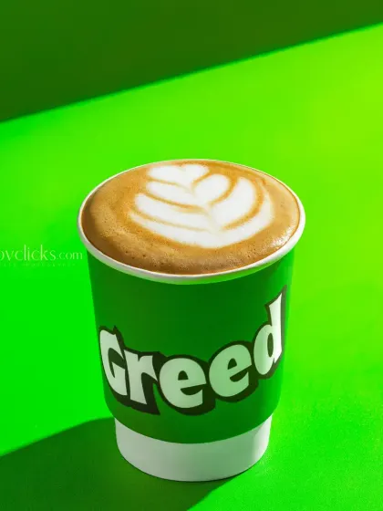 A hot cappuccino with leaf-shaped latte art, shot with strong, graphic lighting.