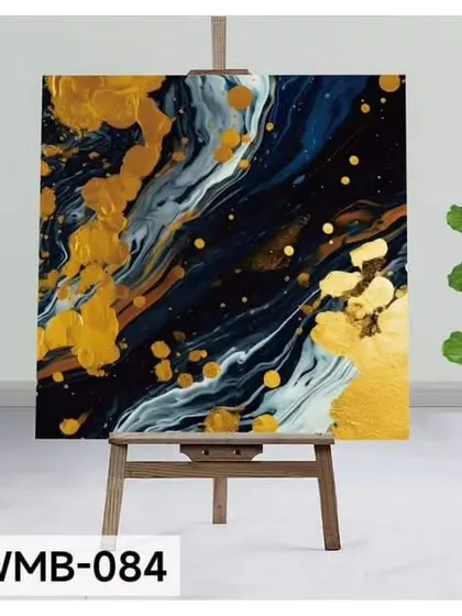 A bold and energetic abstract design (WMB-084) with a dark blue base, white swirls, and dramatic splashes of gold.