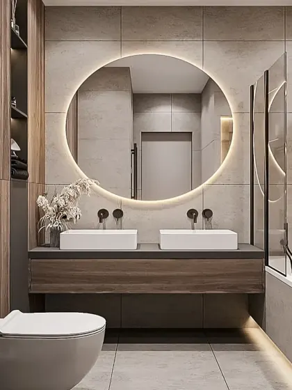 A well-designed bathroom can feel like a personal spa. This modern design features a large, circular backlit mirror that provides perfect, even lighting, twin vessel sinks, and a floating wooden vanity for a clean, contemporary look.