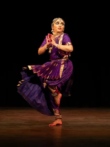 The precision of Meera Krishna's form is evident in this classic Bharatanatyam stance.