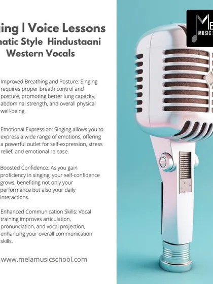 An infographic detailing the different styles of singing I teach: Carnatic, Hindustani, and Western Vocals, along with the benefits of singing.