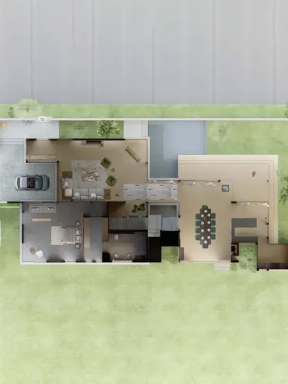 The ground floor plan for the Sanctuary Residence, showing the open-plan living and dining areas, their connection to the pool and garden, and the overall clarity of the layout.
