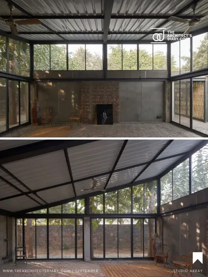 Two interior perspectives of the Artist Residency. The design uses a simple palette of concrete, brick, and a steel roof structure, with floor-to-ceiling glass walls that dissolve the boundary between the room and the landscape, making the garden the main backdrop.