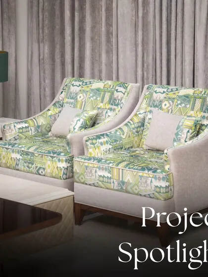 Project Spotlight: The Zaildar Residence, green-themed living room. At the heart of this space is our Elm armchair, featuring a vibrant green abstract fabric that brings unique character and charm.