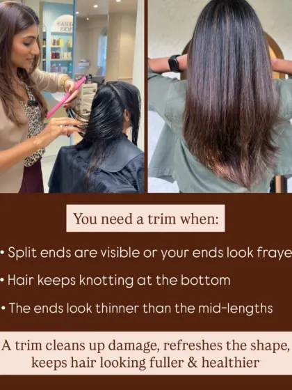 This infographic clearly explains when you need a trim. If you see visible split ends, your hair knots at the bottom, or the ends look thinner than the mid lengths, it's time for a cut to keep your hair looking full and healthy.