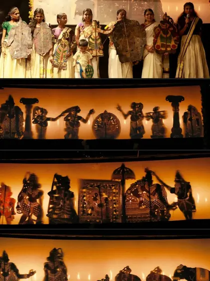 The magic of shadow puppetry is captured in this collage, showing the intricate leather puppets and the artists who manipulate them behind the screen.