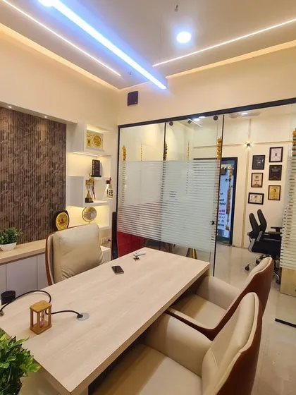 The view from my desk in the new office. The glass partition maintains an open feel while creating a private space for consultations. Every element is chosen to align with Vastu principles for growth and success.
