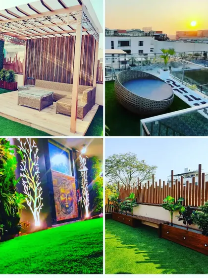 This collage captures the key elements of a complete terrace makeover: a stylish pergola, a comfortable daybed with a sunset view, lush greenery, and spiritual design accents like a Buddha painting.
