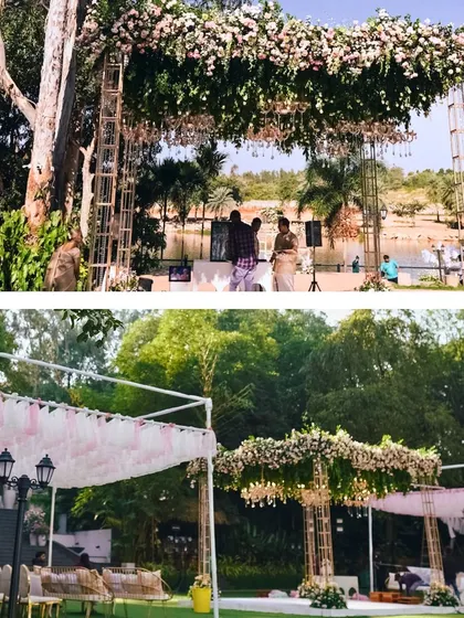 A collage showcasing the blend of daytime elegance and nighttime magic at this outdoor engagement, from the floral mandap to the draped seating areas.