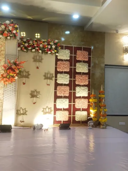 Another side view of the stage setup, highlighting the different decorative elements and the clean, white flooring I used for the stage.