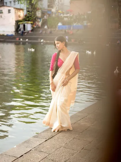 A soft-focus, artistic shot of the silk saree, creating a dreamy and ethereal mood perfect for editorial or mood-based photoshoots.
