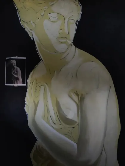 An early stage of the Venus painting, where I've blocked in the main areas of light and shadow to establish the form before adding finer details.