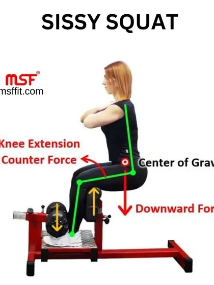 An infographic explaining the biomechanics of the Sissy Squat, which isolates the quadriceps.