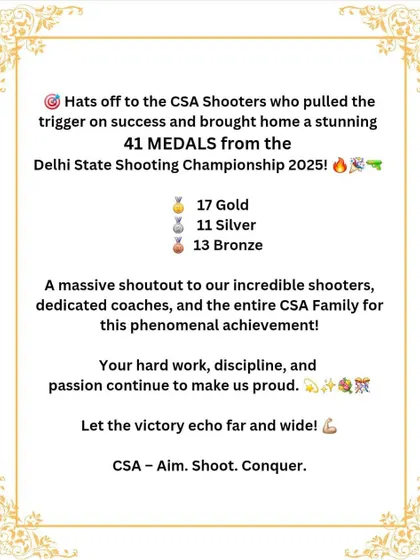 The results speak for themselves. Our academy shooters secured a remarkable 41 medals, including 17 golds, at the Delhi State Shooting Championship 2025. This graphic showcases the depth of talent we have across various categories.
