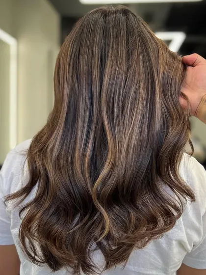 A classic example of a beautifully executed balayage with warm, caramel tones woven through a rich brown base.