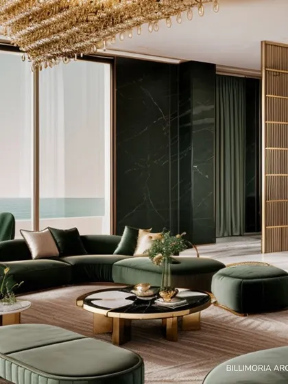 In this living area, we used a rich palette of emerald green and brushed gold to create a sense of opulent comfort. The design balances bold color with clean lines and natural light from floor-to-ceiling windows, overlooking the sea.