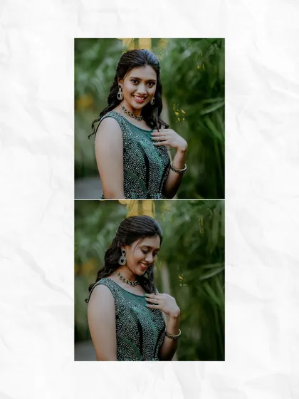 A diptych of the bride in her green reception gown, showing her beautiful smile and elegant look.