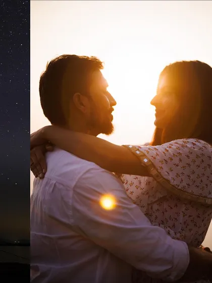 A golden hour portrait that radiates warmth and intimacy. This close-up from a mountain shoot focuses entirely on the couple's connection, with the soft sunlight creating a dreamy and romantic atmosphere.