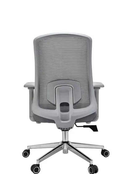 The back view of the grey mesh chair.