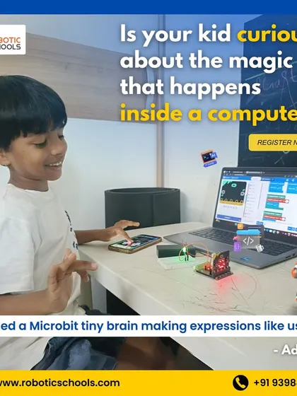 Advay is learning to code a Micro:bit to make expressions, just like us. This image shows how we make abstract concepts like programming tangible and fun for young, curious minds.