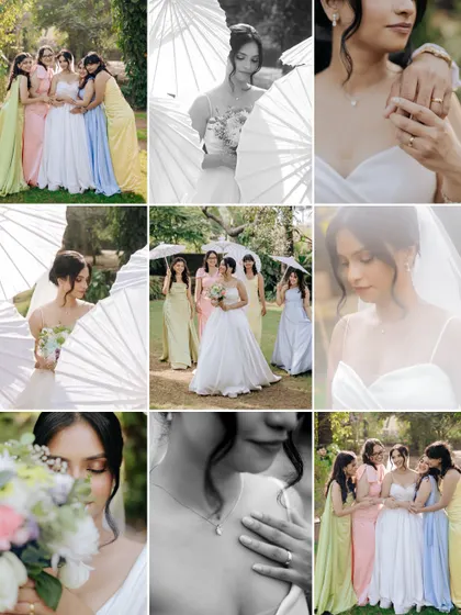 A mood board of images from the bride's photoshoot with her bridesmaids, showing a mix of color and black and white shots.