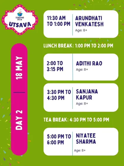 The schedule for Day 2 of our Utsava, dedicated to author meet and greets with some of the best creators in children's literature.