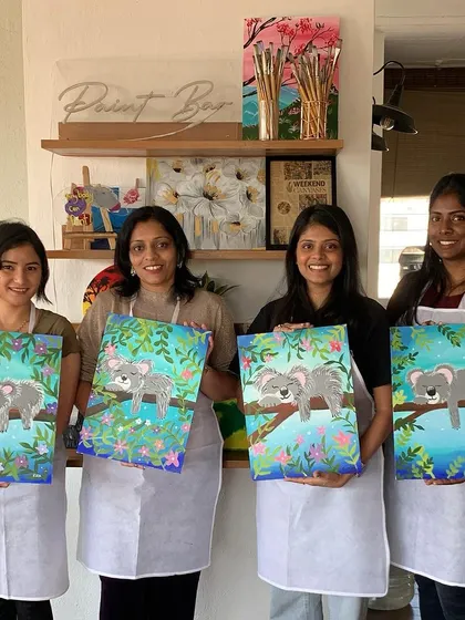 A group of friends showing off their adorable koala paintings. Our workshops cover a wide range of subjects and styles.