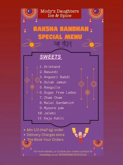 I prepare a wide variety of traditional homemade sweets for festivals like Raksha Bandhan. This menu shows the selection, including Shrikhand, Basundi, Gulab Jamun, and Kaju Katli, all available with a minimum half-kilogram order.