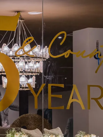 A reflection of a chandelier in the window, with the "15 Years & Counting" branding creating a layered and visually interesting shot.