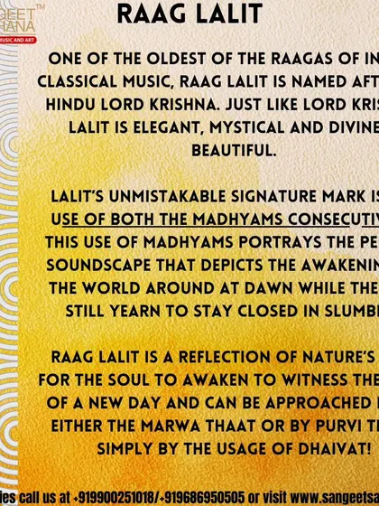 An introduction to Raag Lalit, a sandhi prakash raag that ushers in the morning. Its signature mark is the consecutive use of both Madhyams, depicting the awakening of the world at dawn.