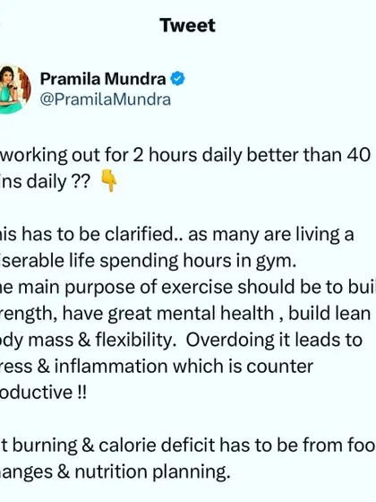 Is working out for 2 hours better than 40 minutes? Not necessarily. The goal of exercise is to build strength and improve mental health. Overdoing it leads to stress and inflammation. Fat loss comes primarily from your nutrition choices.