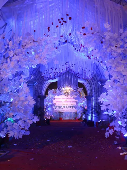 A winter wonderland themed entrance, with white artificial trees and cool blue lighting, creating a magical and unique wedding ambiance.