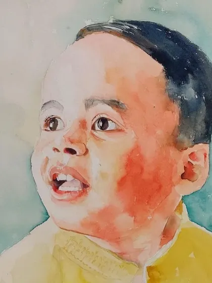 The full view of the commissioned child's portrait. The soft background and warm colors keep the focus entirely on his bright, expressive face.
