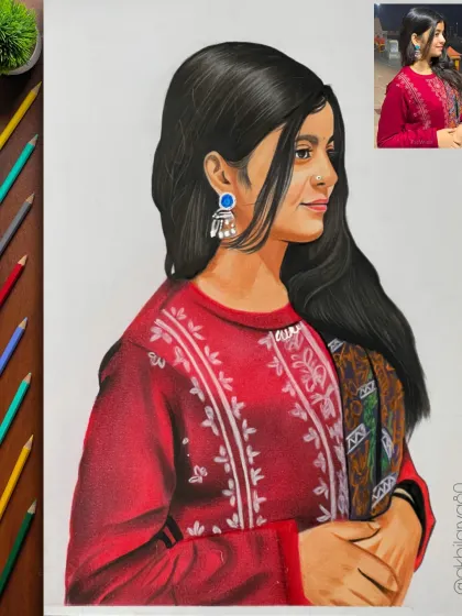 A profile view portrait in colored pencils on A4 paper. The red dress and the detailed earring make this a striking and elegant piece.