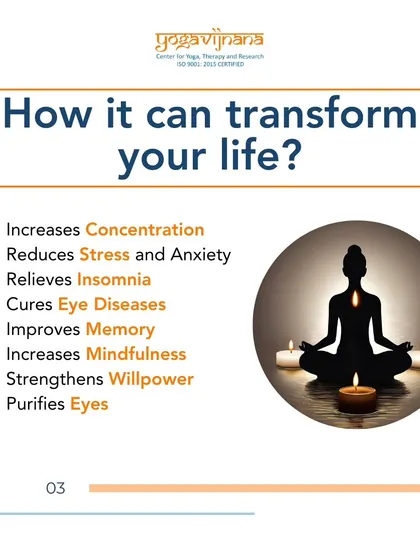 This graphic lists the transformative benefits of Trataka, including increased concentration, reduced stress, relief from insomnia, and improved memory. It is a holistic practice for mental and physical well-being.