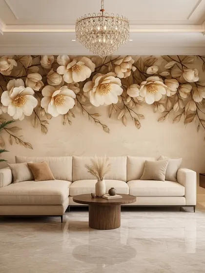 A classic floral design with large, embossed cream-colored flowers. The neutral tones and detailed texture make it a versatile and elegant choice for any room.