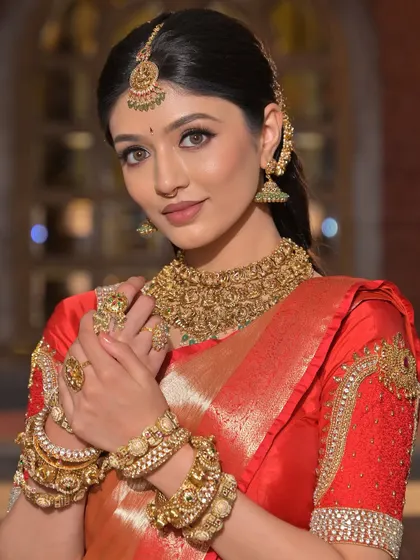 A close-up of a classic South Indian bridal look. I'll teach you how to master the art of temple jewellery placement, create a radiant and long-lasting base for different skin tones, and perfect the bold lip that defines this style.